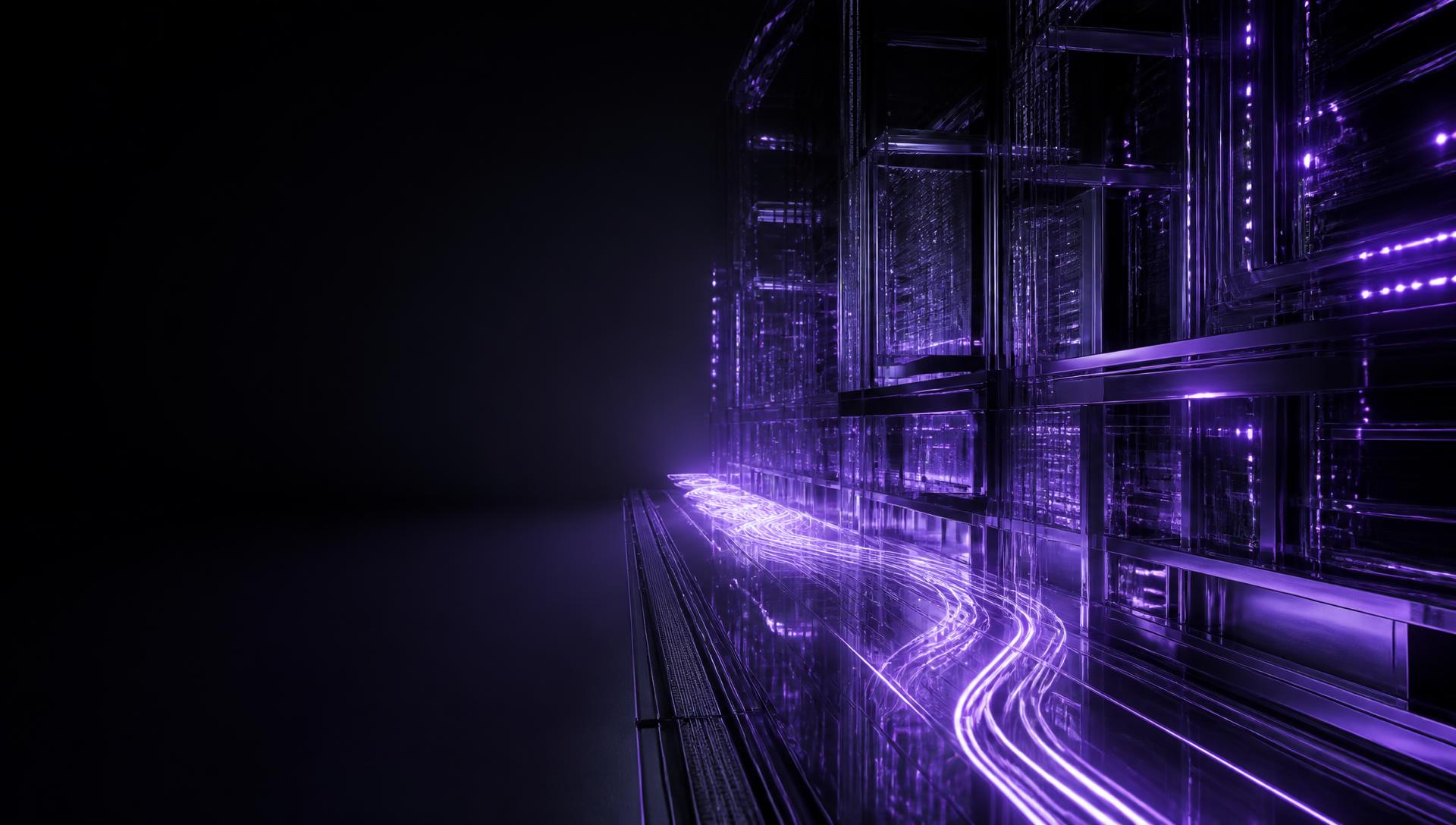 Abstract cybersecurity infrastructure illuminated by violet network paths