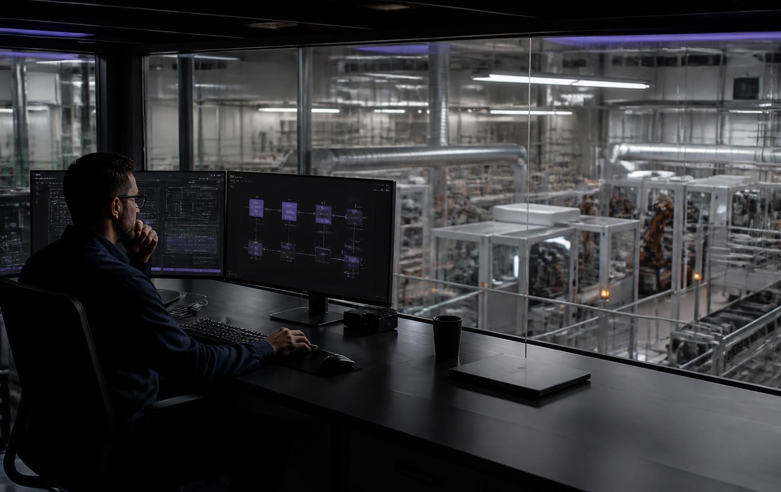 Security engineer monitoring segmented industrial systems from a factory control room